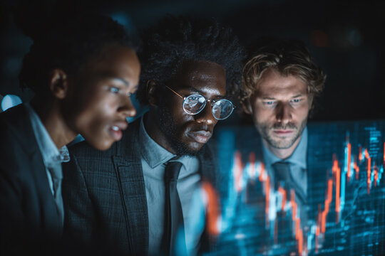 Three diverse business people analyzing financial data on digital screen with glowing charts and graphs, focused and engaged in modern office environment
