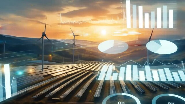 Sustainable power landscape with wind turbines, solar panels and data visuals - Powered by Adobe