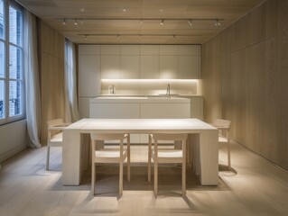 Light-filled, minimalist kitchen/dining area