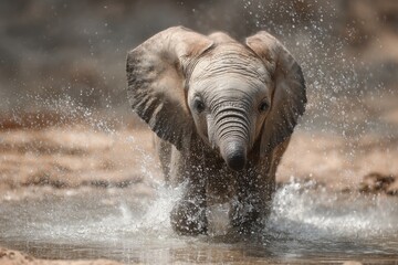 A young elephant plays and splashes in a shallow pool of water, showcasing its playful nature under the warm sunlight