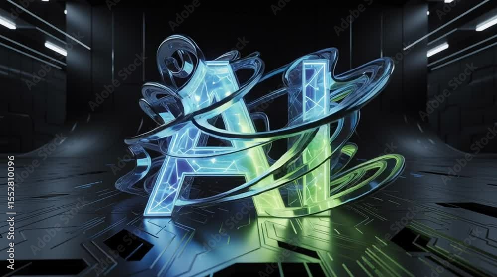 Poster futuristic ai text animation with digital rings rotating, on circuit board floor. concept of technol