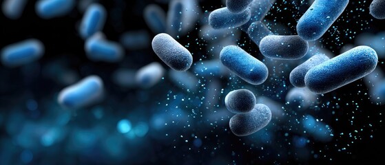 bacteria + microbe + cell concept. Microscopic view of bacteria in a vibrant blue environment.