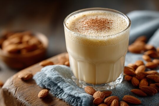 A creamy almond milk drink is garnished with cinnamon and surrounded by fresh almonds on a textured wooden surface - Powered by Adobe