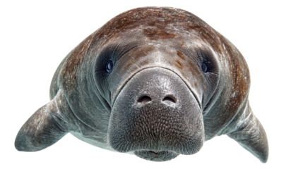 A close-up of a manatee swimming gracefully underwater. transparent background