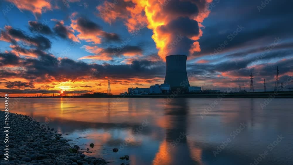 Poster power plant during sunset hours with a calm atmosphere and distant views
