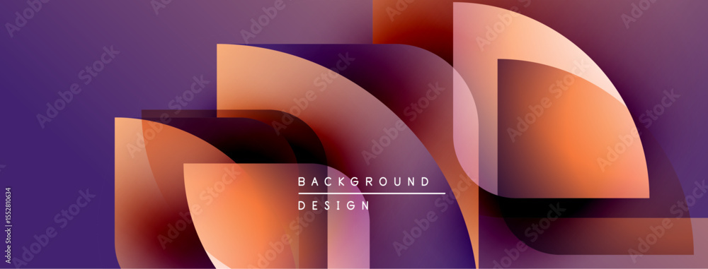 Poster abstract geometric shapes overlap, creating vibrant gradients. purple background complements orange,