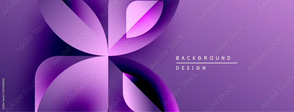 Poster Abstract purple design features overlapping petal shapes. Gradient colors create dynamic visual effect. Minimalist style, modern aesthetic.