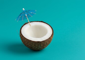 Holiday drink idea: a single coconut cut open with a fun blue umbrella for a tropical feel.
