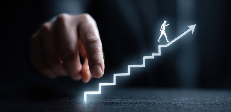 Hand guiding a figure up a glowing stairway