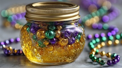 Mardi Gras pickle jar with beads, purple-green-gold brine, festive party food, funky blurred white bg