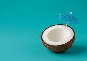 Island vibes: coconut with a tiny umbrella, against a bold blue-green colored backdrop.
