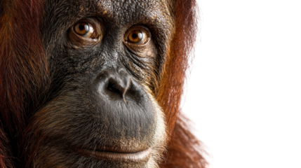 Close-up of a serene orangutan with thoughtful expression. transparent background