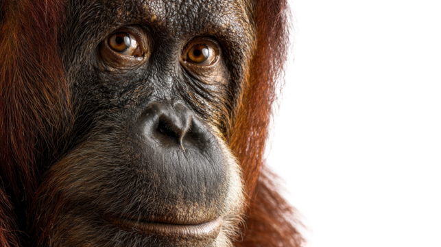 Close-up of a serene orangutan with thoughtful expression. transparent background