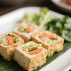 4k high quality Ai generative HD photo realistic menu selling restaurant Indonesia traditional cuisine food famous Chinese tahu goreng tofu deep fried soybean kedelai sayur vegetable lettuce steam