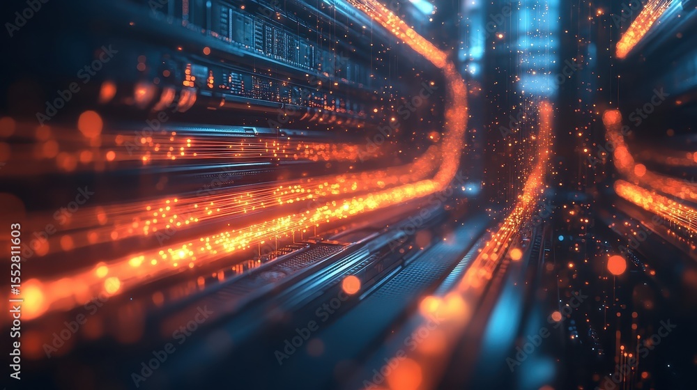 Poster glowing orange data streams flow through a network server room. this visual represents high-speed da