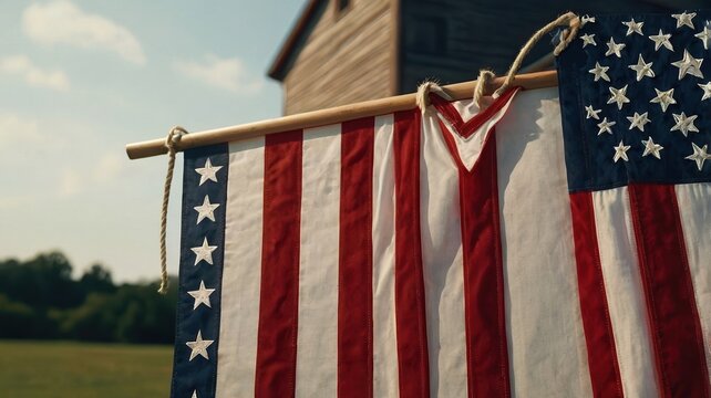 Close up of an american flag hanging from a wooden pole with a barn in the background on a sunny day
