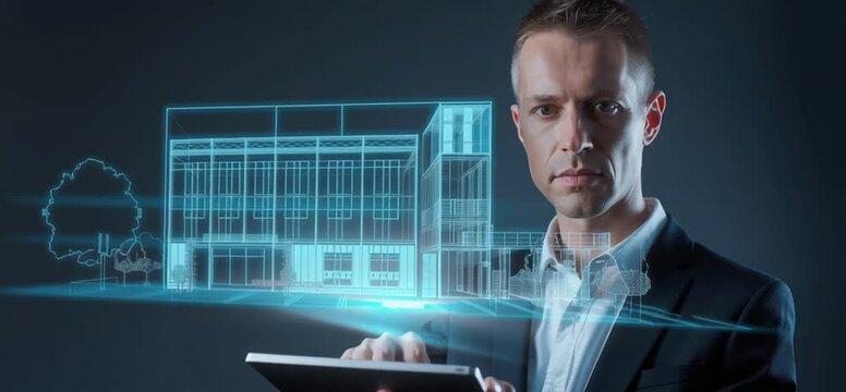 Architect using tablet with hologram of building design. Modern technology in construction.