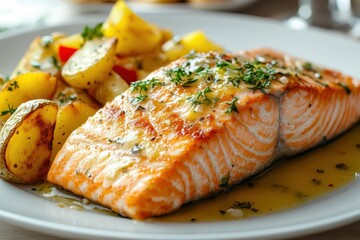 Grilled salmon with herbs served with roasted potatoes on a plate. Perfect for food blogs, menu designs, or culinary advertising.