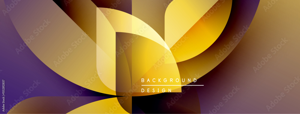 Poster abstract golden shapes overlap purple gradients. modern design evokes luxury, dynamism, visual inter