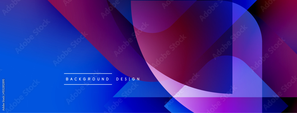 Poster Abstract geometric shapes overlap, creating vibrant blue, purple gradients. Modern design elements suggest dynamic visual experience.