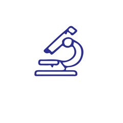 A simple blue line drawing of a microscope on a plain white background view
