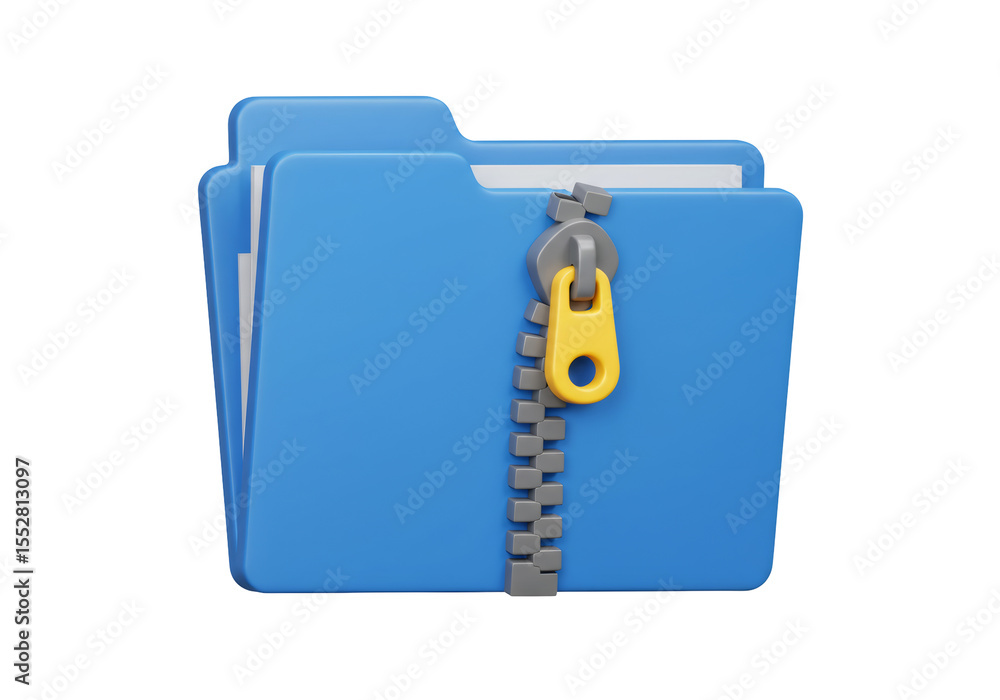 Poster blue file folder with zipper closure for data compression on transparent background