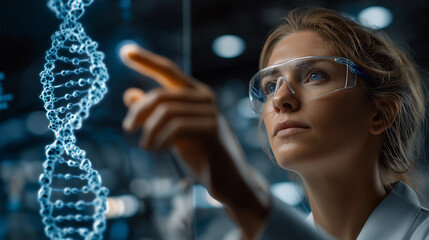 Genetic Exploration: A scientist, gazing intently at a holographic DNA strand, personifying the core of scientific discovery.