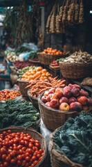 Vibrant produce displayed in rustic woven baskets at an outdoor market; overflowing with oranges, carrots, apples, tomatoes, and leafy greens