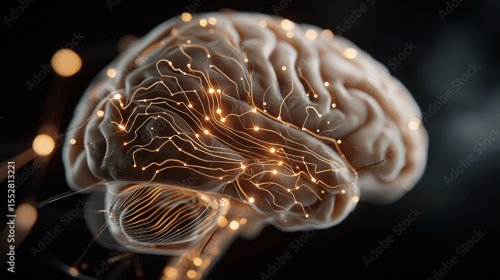 Poster brain connection: brain with illuminated connections against dark backdrop, symbolizing intellect, c