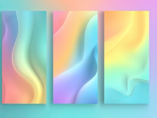 Fototapeta premium Three vertical panels showcase pastel-hued, abstract, fluid designs with smooth, flowing gradients and subtle, three-dimensional wave-like forms