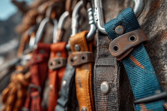 Colorful carabiners and climbing straps hang against a rocky background, showcasing climbing equipment in an outdoor setting