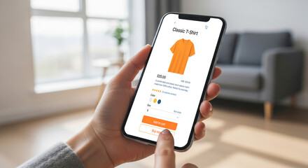 Shopping Action Selecting a Stylish Orange Shirt on Mobile Device Modern Home Environment E-Commerce Content Engaging Viewpoint for Online Retail Strategies