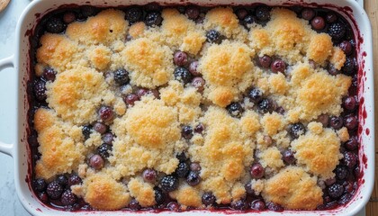 Berry Dessert With Golden Topping in a Baking Dish Served Fresh From the Oven