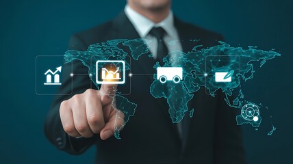 Man in suit interacting with digital world map and business icons