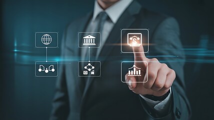 Businessman interacting with digital financial icons on a screen