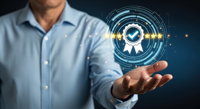 Man holding a digital badge of excellence with a checkmark and stars representing quality assurance and customer satisfaction