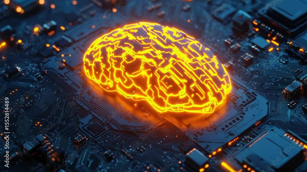 Poster A futuristic electronic brain component with a glowing effect on a circuit board