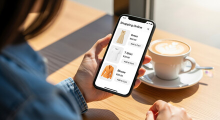 Woman Shopping Fashion Online via Mobile App in Cozy Cafe, Exploring Trendy Clothes, Digital Retail Experience, User Engagement, Convenient Lifestyle, Creative Choice and Style