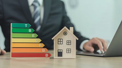 Energy rating chart and wooden house model on a desk with a laptop