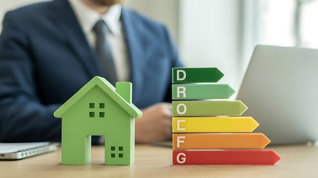 Green house model with energy efficiency rating and man in background