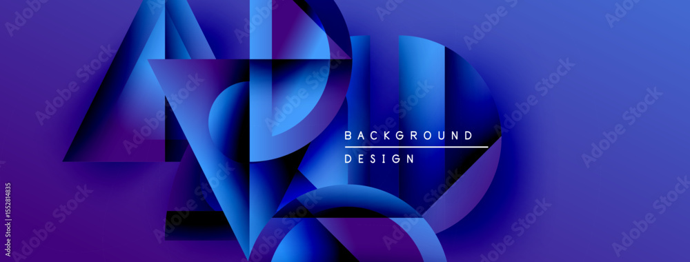 Poster Abstract geometric shapes, vibrant blue hues, modern design. Dynamic composition creates depth, visual interest. Background features text elements.
