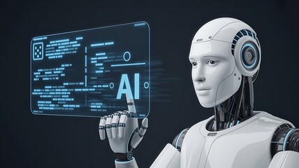 Robot touches ai interface with code on screen against dark background
