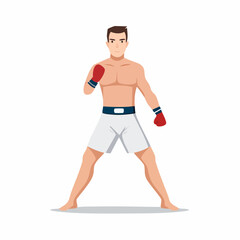 Fototapeta premium A muscular, bare-chested male boxer stands ready, wearing boxing gloves and shorts, in a fighting stance.