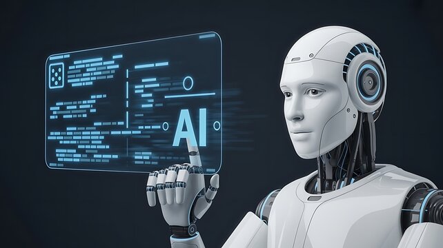 Robot touches ai interface with code on screen against dark background