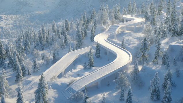 Winding snowy road through a winter wonderland