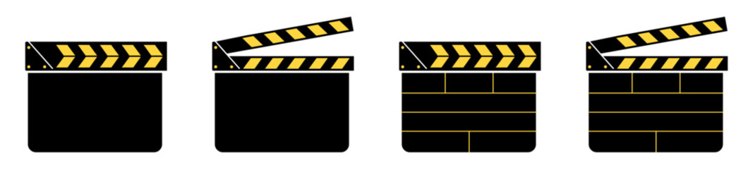 Collection of movie clapper board icons in different styles and positions. Ideal for film, cinema, video editing, media production, and director related graphic elements and UI. Icons, vector.