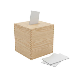 A simple wooden ballot box with a paper ballot inserted into the slot, accompanied by blank voting forms. Represents elections, surveys, and democratic choice.