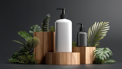 Empty cosmetic bottles on wooden podiums, surrounded by greenery