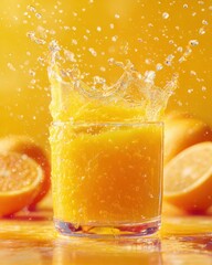 Juicy Explosion: Orange Juice Splash with Pulp on Citrus Yellow Background