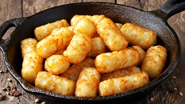 Golden, crispy hash browns served in a cast iron skillet, surrounded by rustic wooden table setting